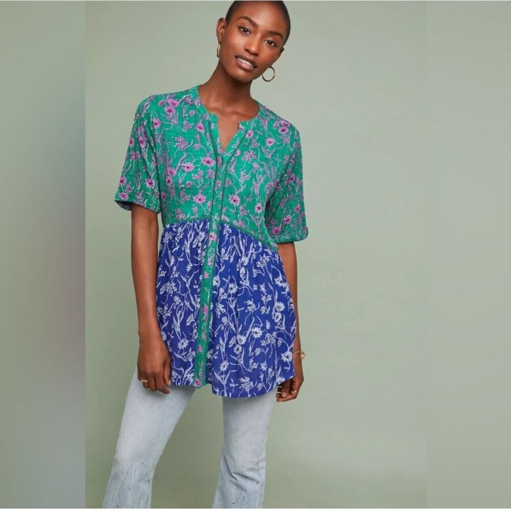 Anthropologie Akemi + Kin Veria Mixed Print Tunic Top Short Sleeve